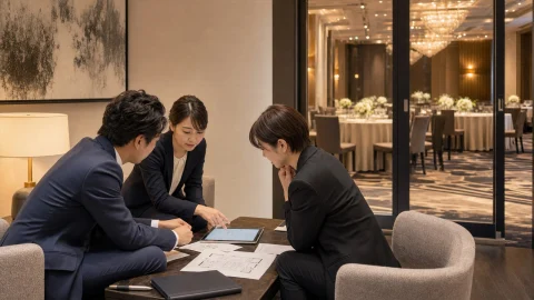 宴会場の企画資料を確認するホテル営業担当者