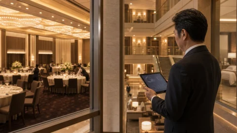 宴会場と客室を見渡しながらタブレットでホテル経営指標を確認する経営者のイメージ