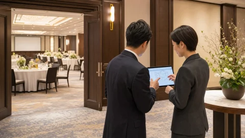 宴会案件と会場レイアウトを確認する施設担当者